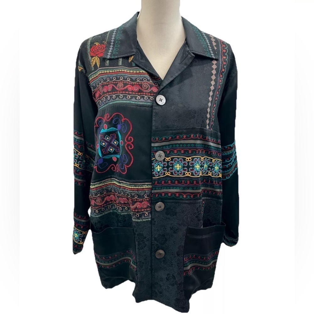 Vintage Chico's Silk Black Embroidered Blazer Jacket Medium Relaxed Fit Bohemian